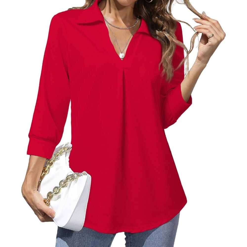 Women Red Work Blouse Collared V Neck Shirt Loose Fit Top For Public Occasion